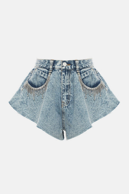 Rhinestone Fringe Detail Denim Shorts