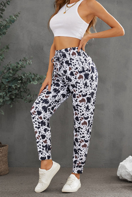 Drawstring Elastic Waist Cow Print Pants