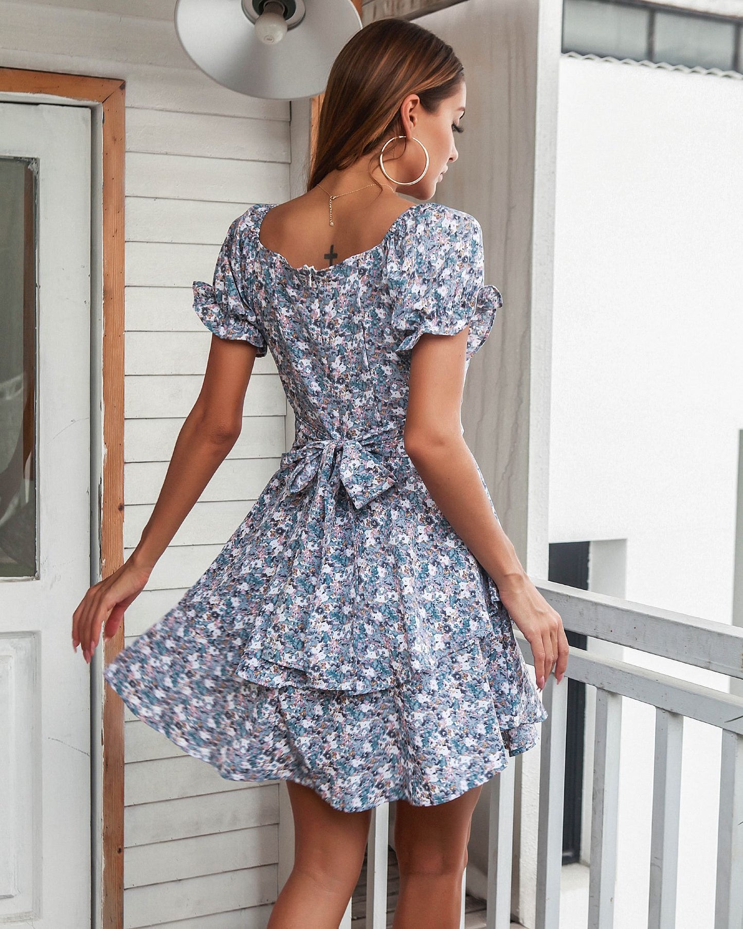 Ditsy Floral Puff Sleeve Layered Mini Dress