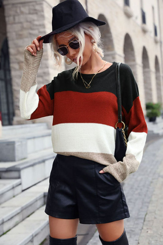 Color Block Long Sleeve Round Neck Sweater