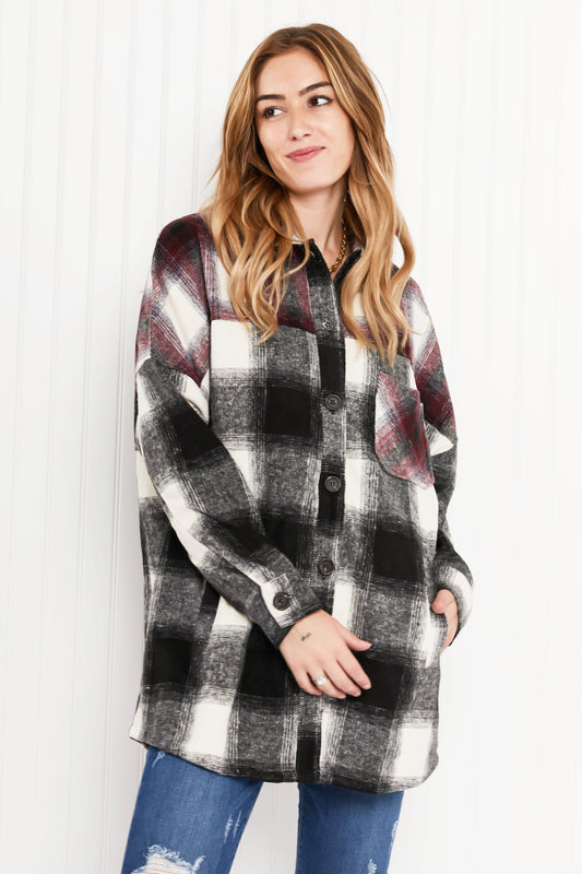 Zenana Colors of Autumn Full Size Plaid Shacket in Black/Burgundy