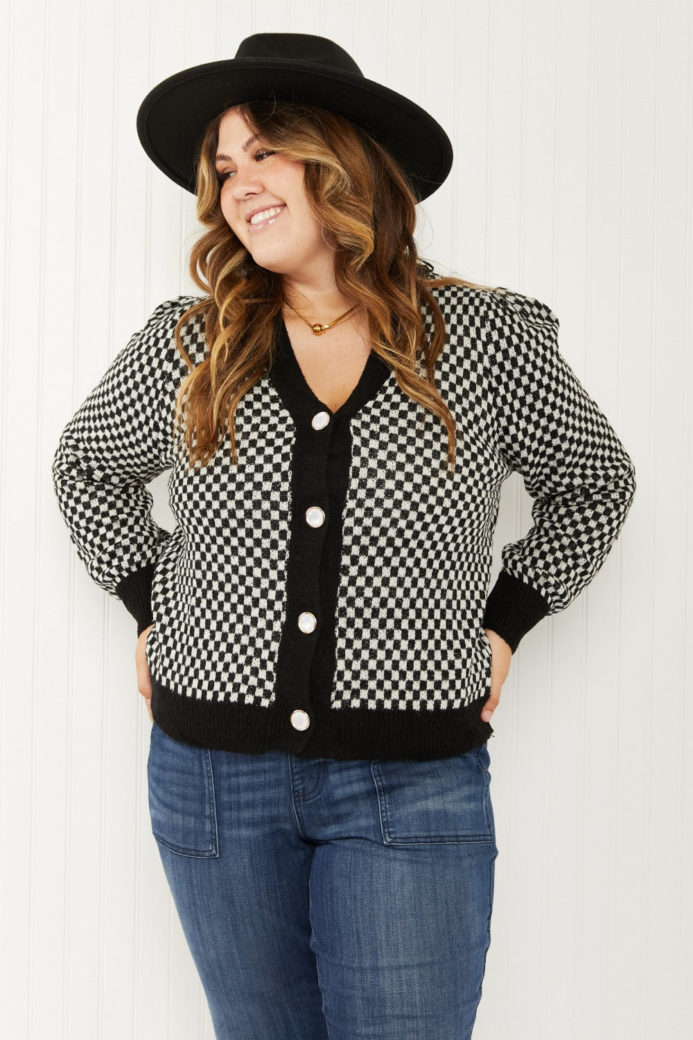 143 Story Look the Part Full Size Checkered Puff Shoulder Cardigan