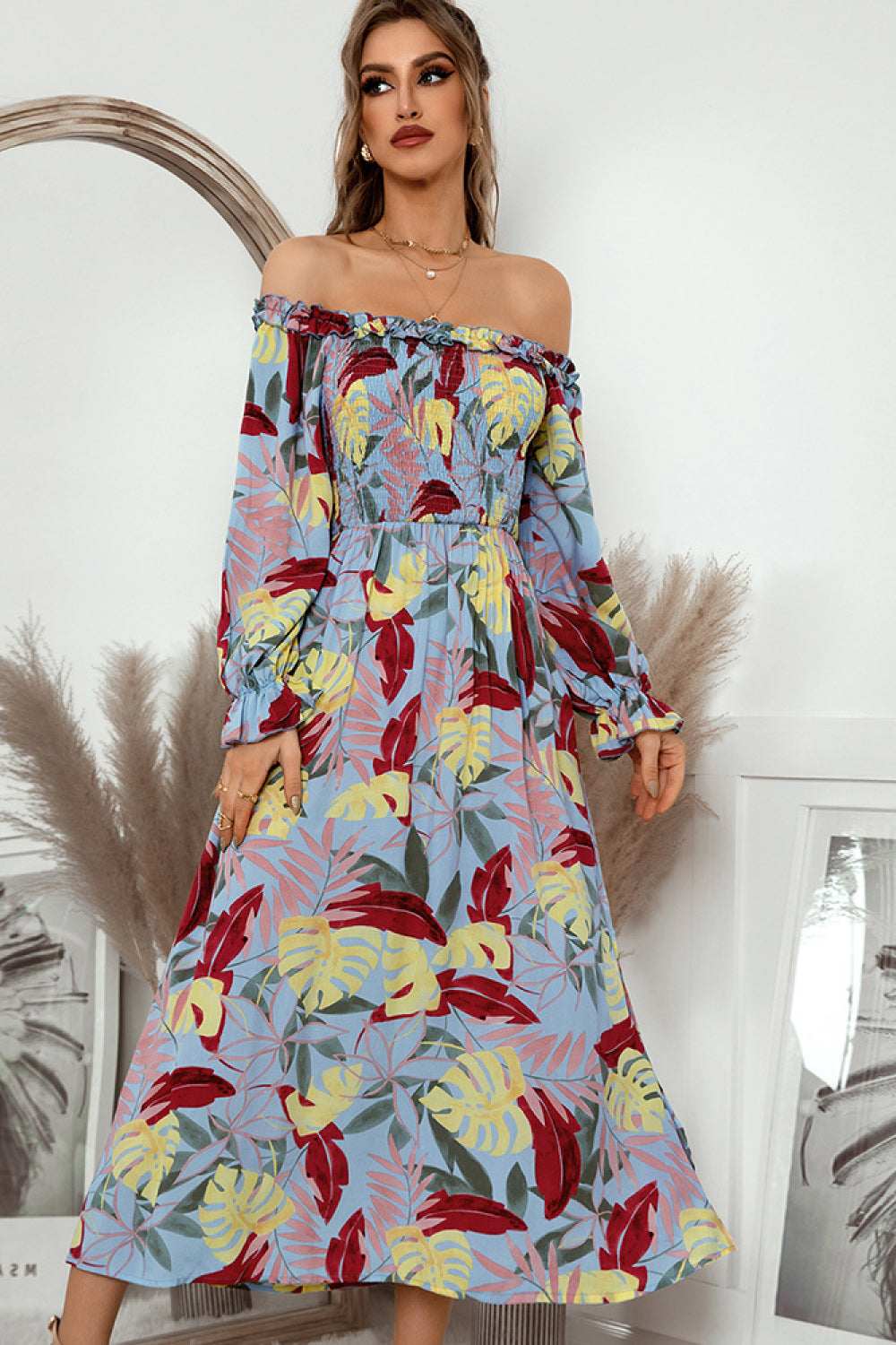 Botanical Print Off-Shoulder Side Slit Midi Dress