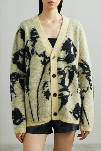 Abstract Print Silver Horn Button Cardigan Sweater