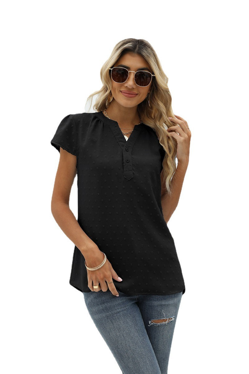 Swiss Dot Notched Neck Short Sleeve Top