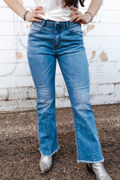 Seam Detail Raw Hem High Waist Flare Jeans