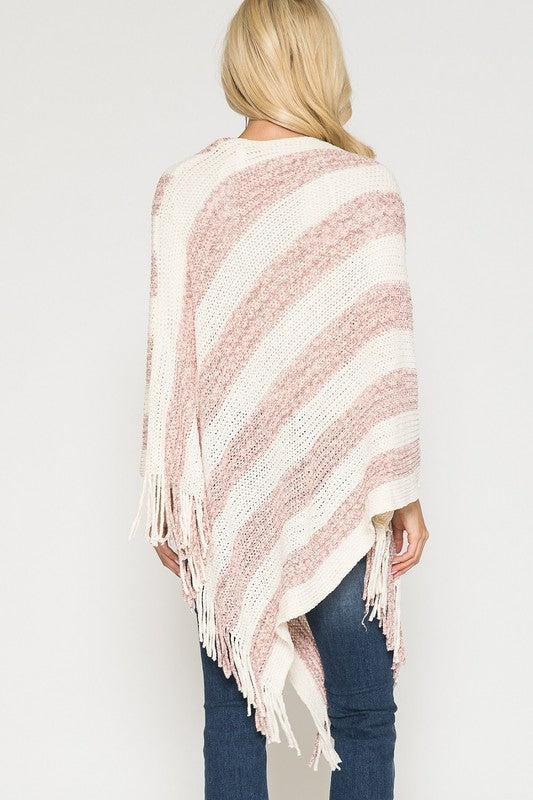 Striped Poncho with Fringe