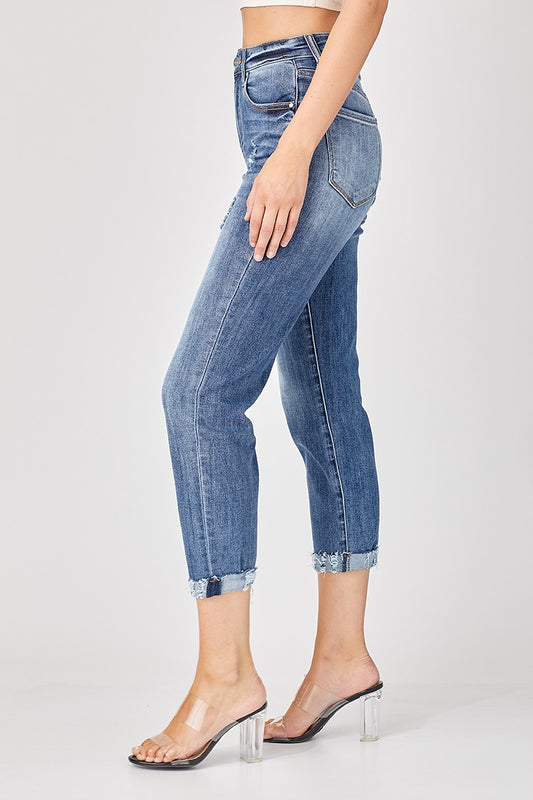 RISEN Distressed High-Rise Boyfriend Jeans in Blue