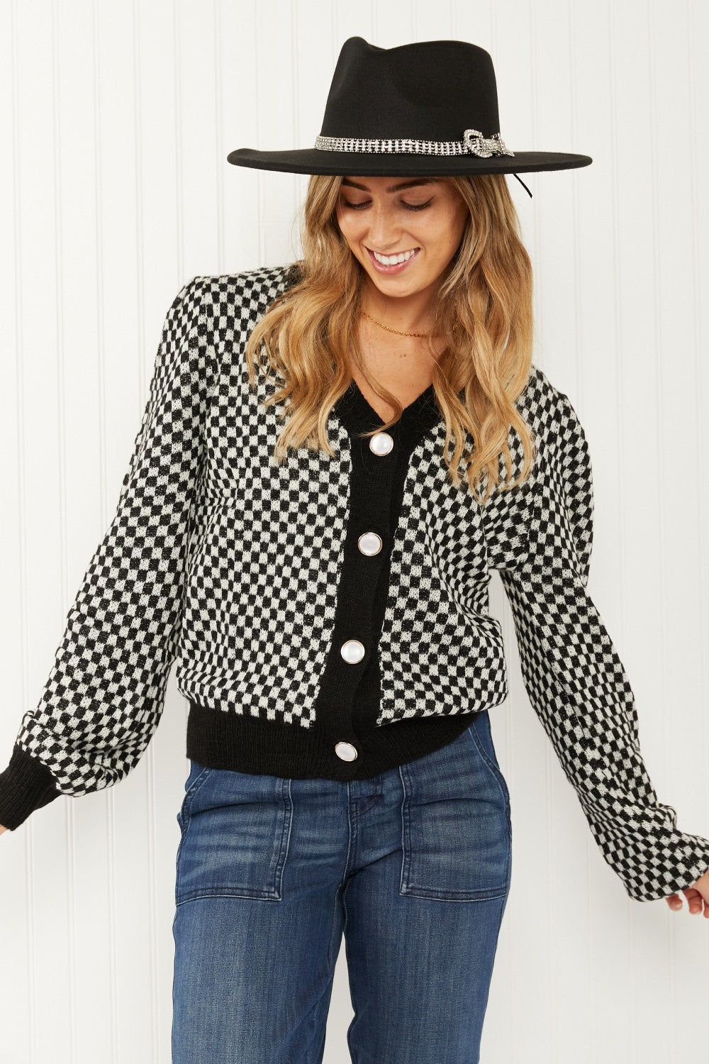 143 Story Look the Part Full Size Checkered Puff Shoulder Cardigan