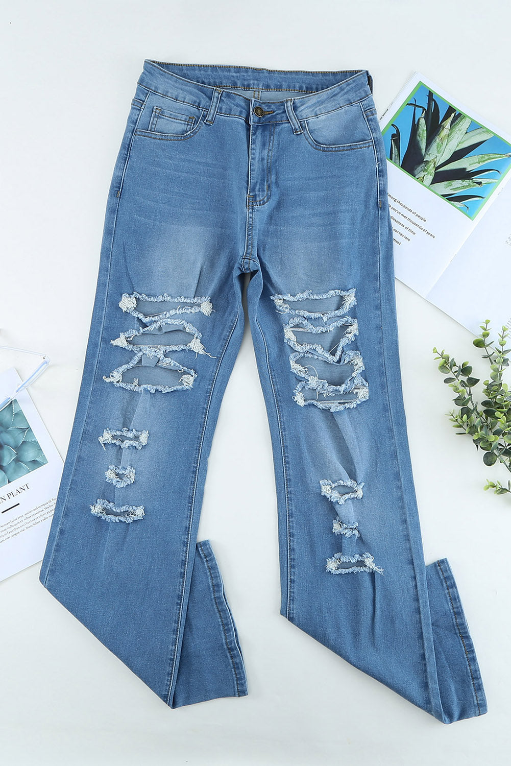 Distressed High Waist Straight Leg Jeans