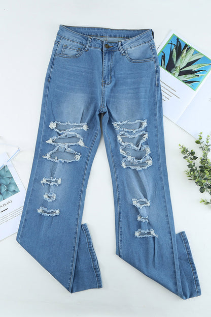 Distressed High Waist Straight Leg Jeans