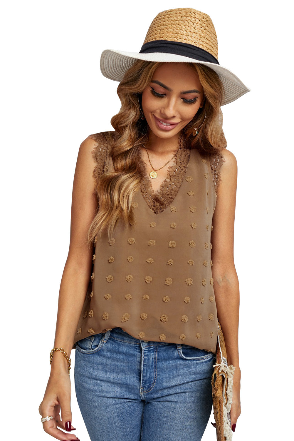 Swiss Dot Lace V-Neck Sleeveless Blouse