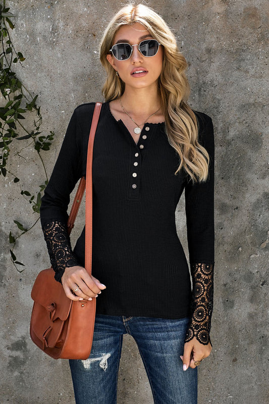 Crochet Lace Hem Sleeve Button Top