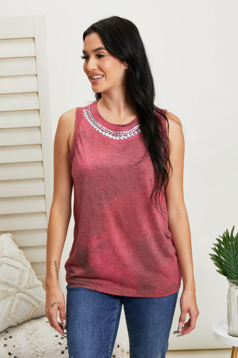 Vocal Finest Hour Full Size Acid Wash Rhinestone Neckline Tank in Wine