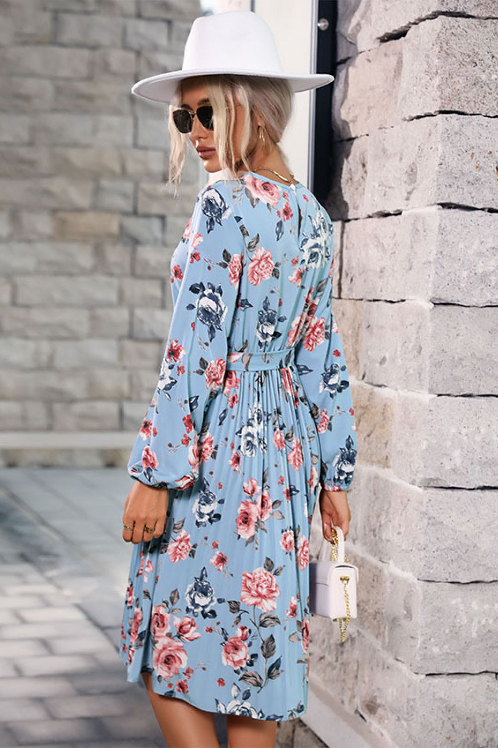 Floral Balloon Sleeve Pleated Midi Dress