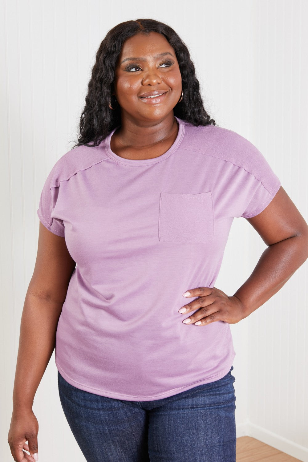 Sew In Love Stay and Chat Love Full Size Pocket Tee in Plum