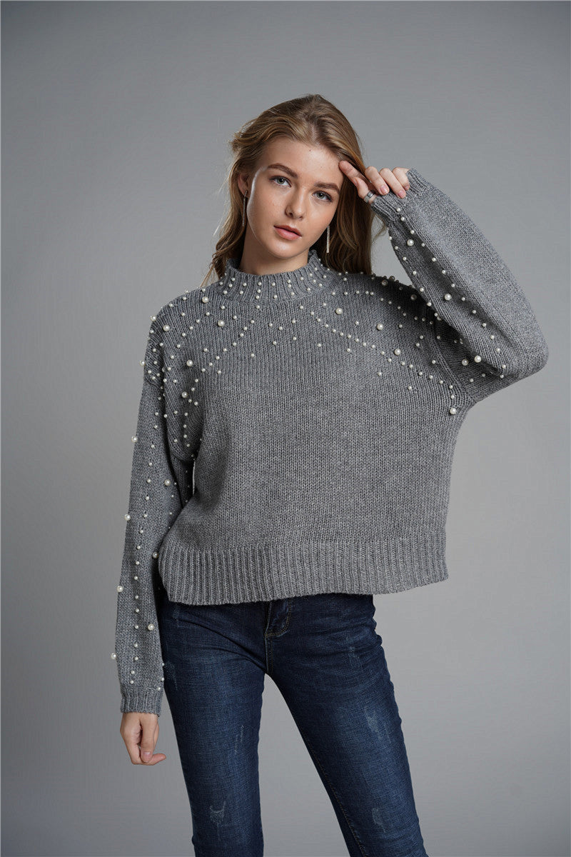 Faux Pearl Detail Mock Neck Sweater