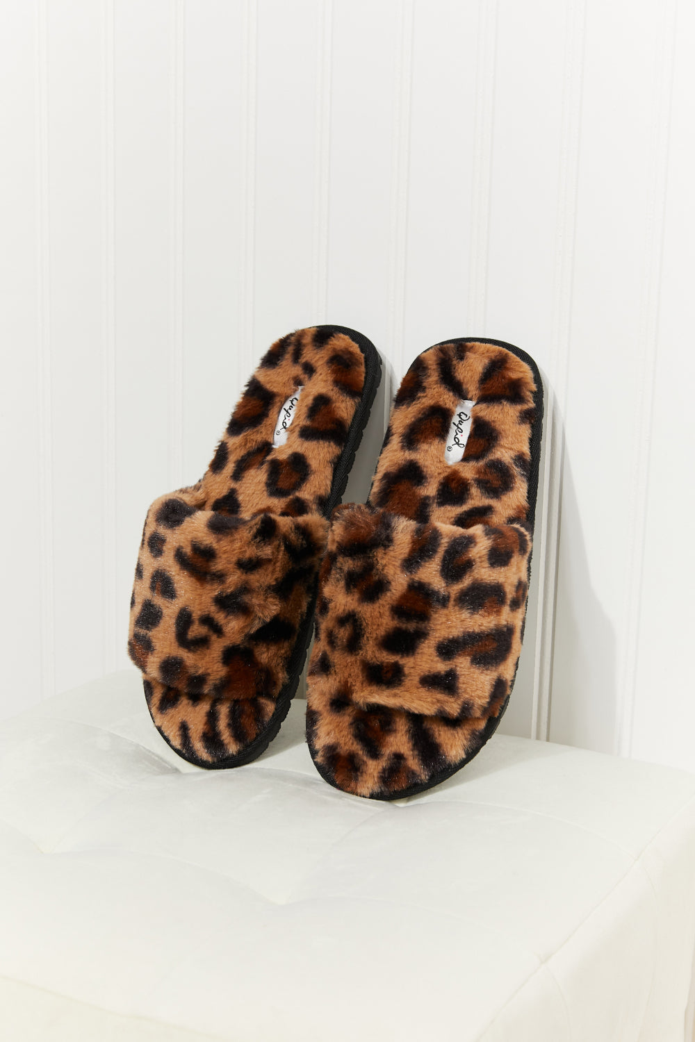 Qupid Movie Nights Leopard Faux Fur Slide Slippers