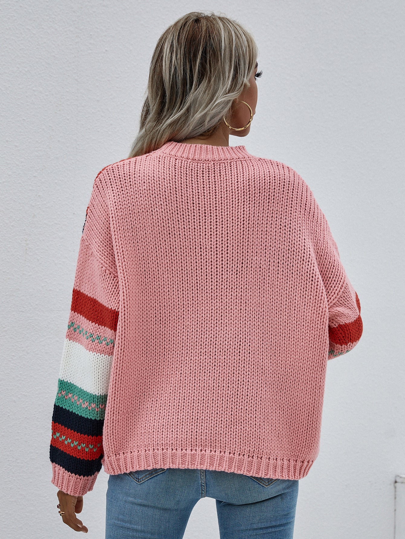 Striped Rib-Knit Dropped Shoulder Sweater