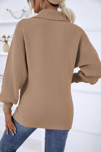 Horizontal-Ribbing Balloon Sleeve Collared Pullover