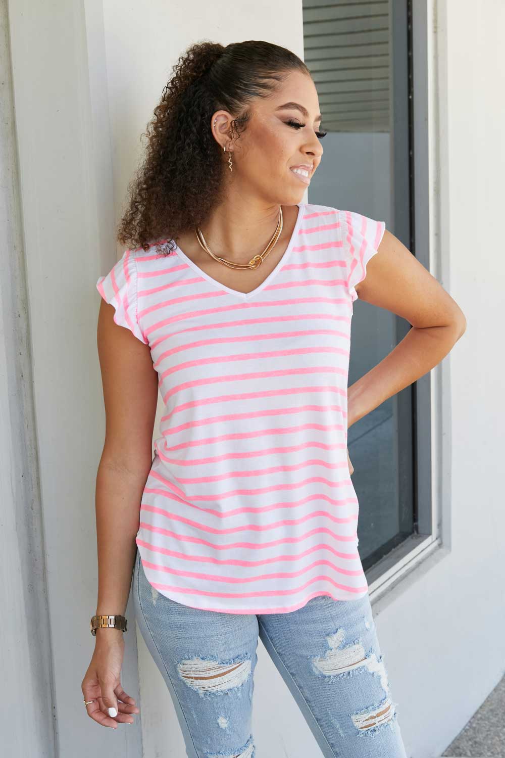 Sew In Love Illuminate the Way Full Size Striped Tee in Neon Pink