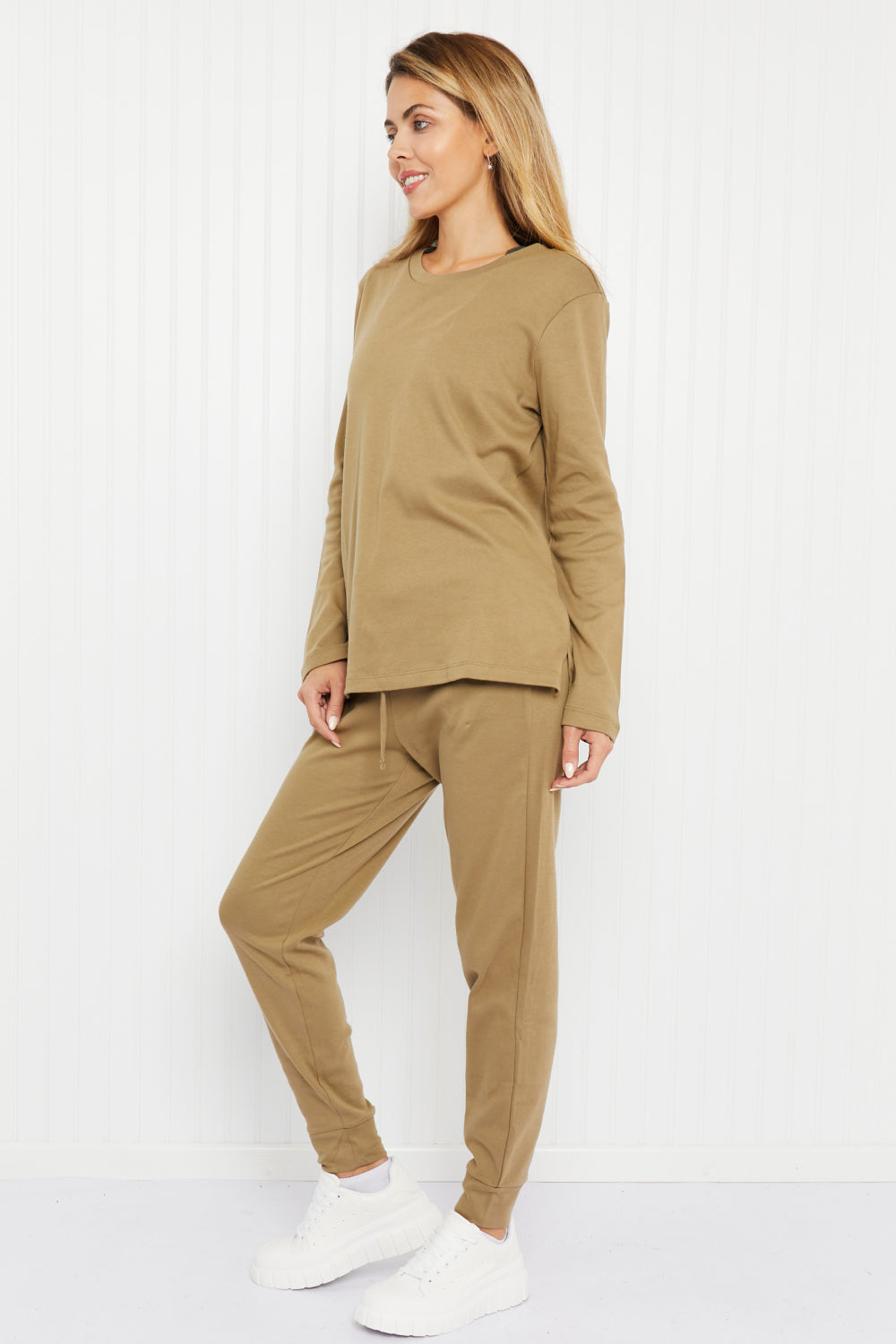 Zenana Comfy and Cozy Full Size Run Lounge Set in Khaki