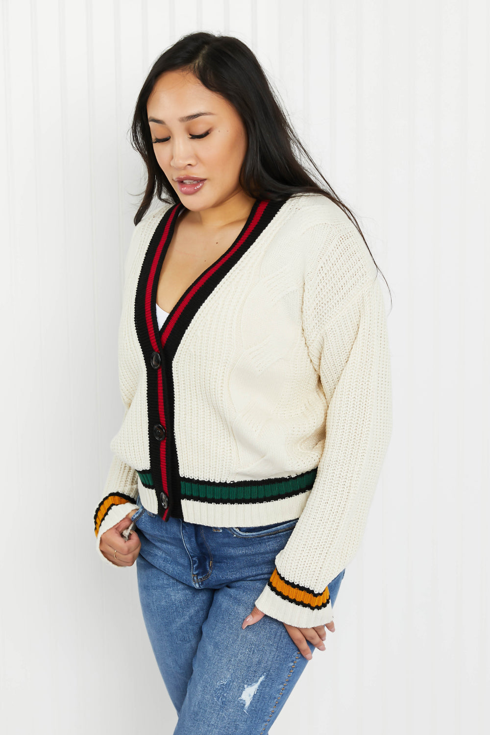 Zenana Aspen Drive Full Size Contrast Trim Cable Knit Cardigan