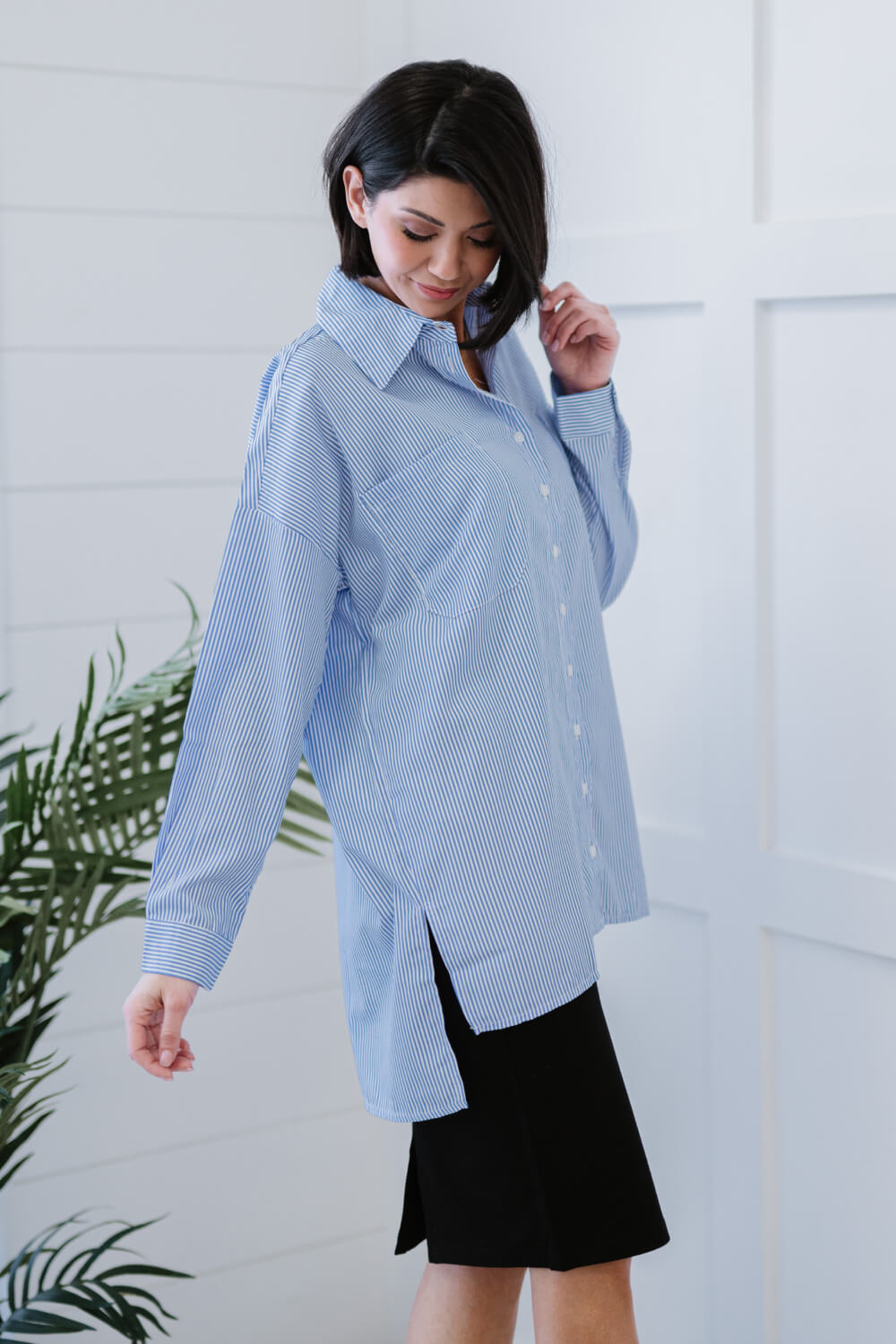 Zenana Business As Usual Full Size Run Pinstripe Button Down Shirt