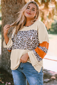 Plus Size Leopard Color Block Side Slit Top