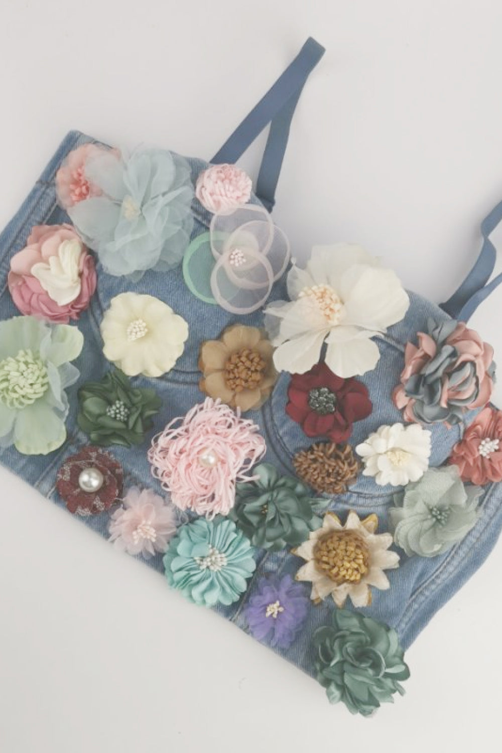 Distressed Denim Bustier with Flower Embellishments