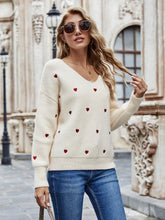 Load image into Gallery viewer, Heart Print V-Neck Dropped Shoulder Sweater
