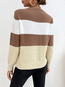 Tricolor Striped Crewneck Pullover Sweater