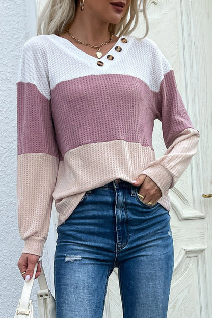 Color Block Waffle Knit Button Detail Top