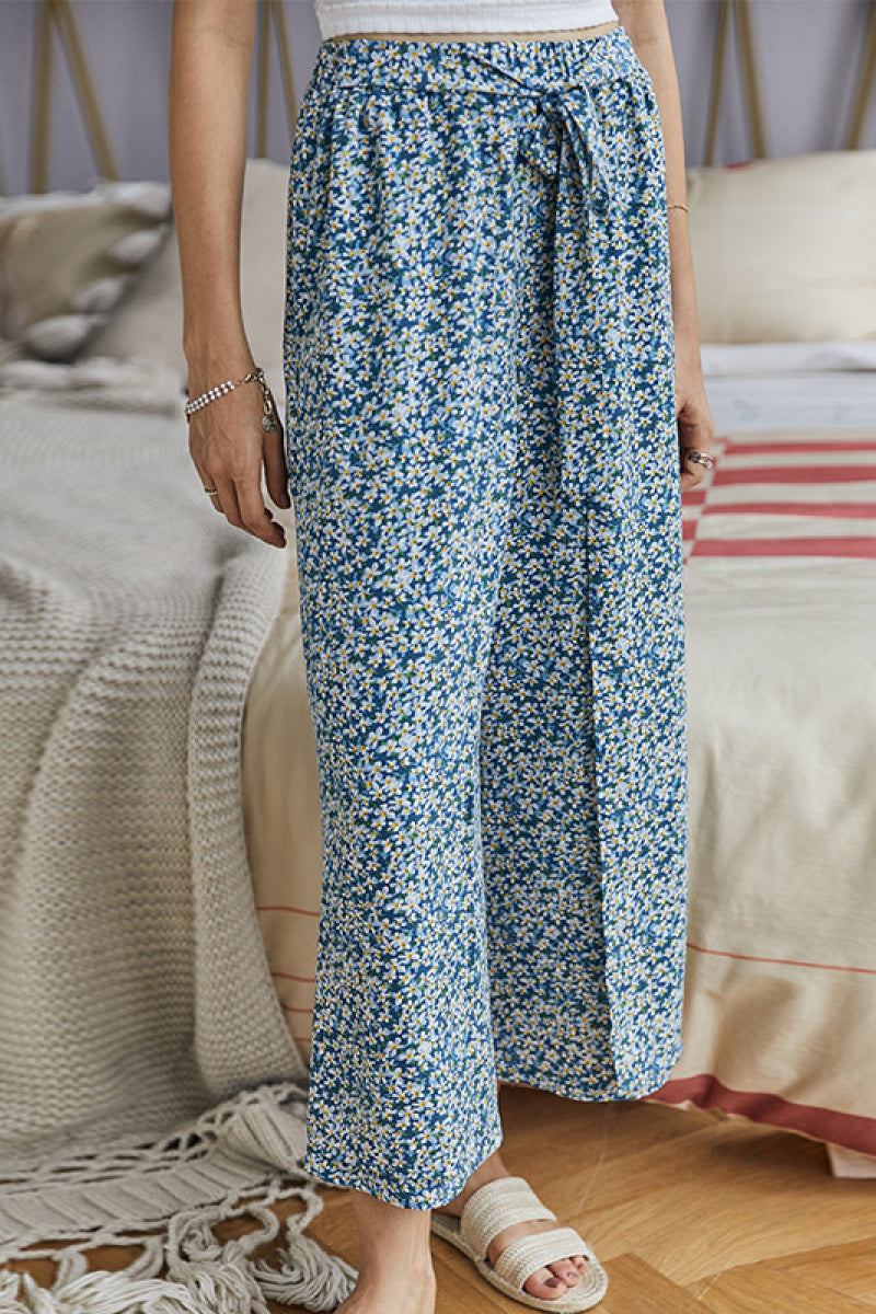 Dainty Floral Tie Waist Wide Leg Pants