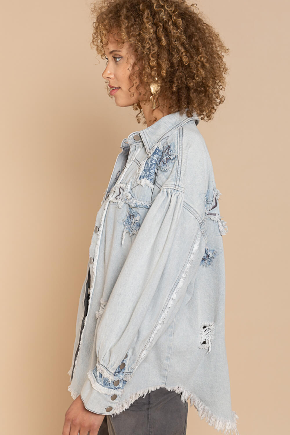 POL Star Patch Distressed Fringe Button-Up Denim Jacket in Light Denim