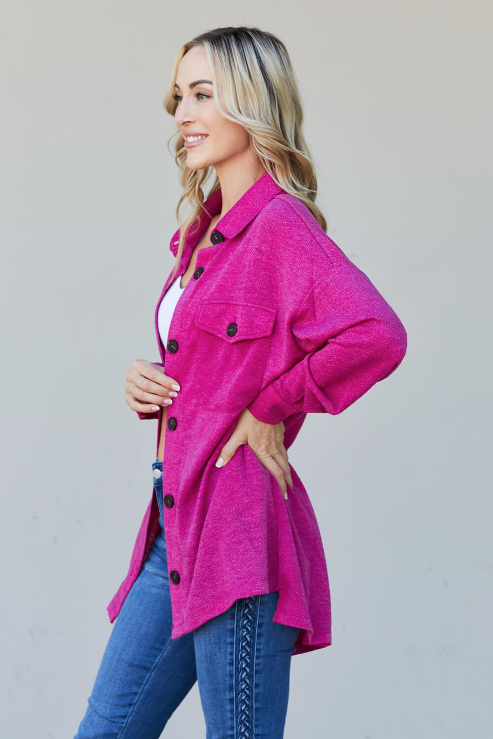 Zenana Full Size Jacquard Shacket in Magenta