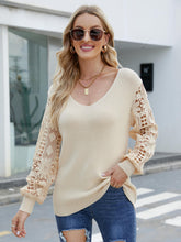 Load image into Gallery viewer, Lace Sleeve Ribbed Trim V-Neck Sweater
