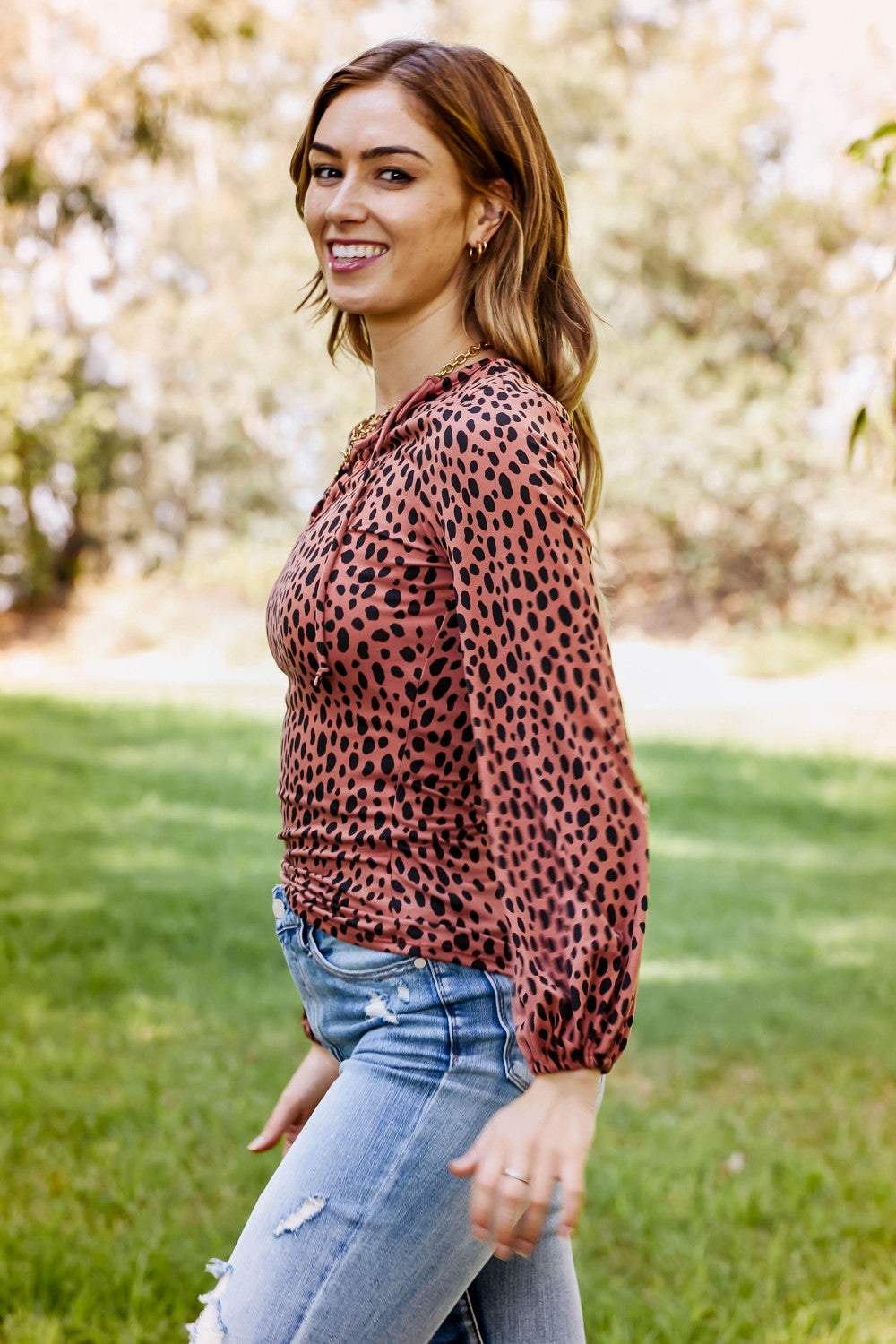 Sugarfox Wild Living  Full Size Leopard Lace-Up Top