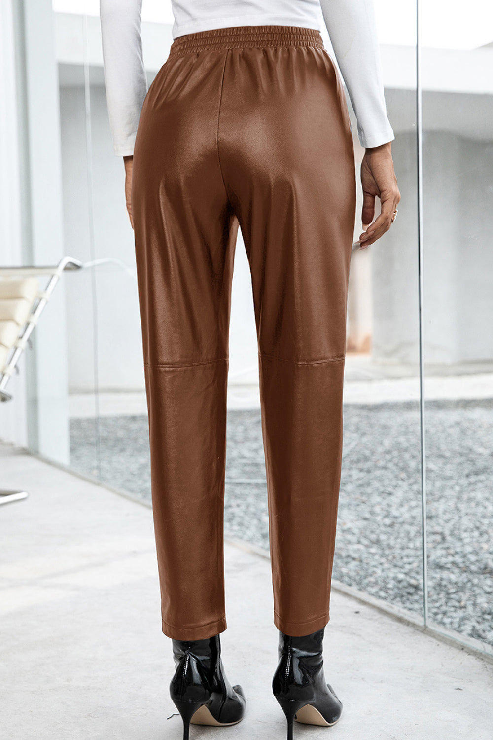 Seamed Elastic Waist PU Leather Pants