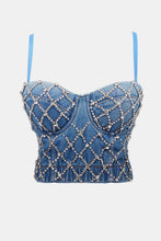 Load image into Gallery viewer, Cropped Denim Rhinestone Fishnet Bustier
