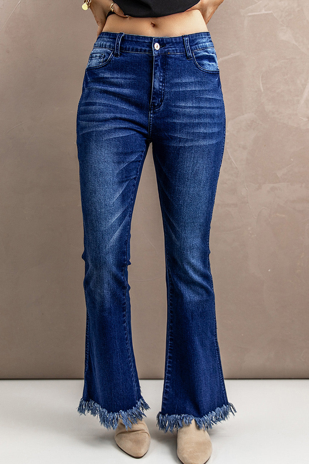 Raw Hem Flare Leg Jeans with Pockets