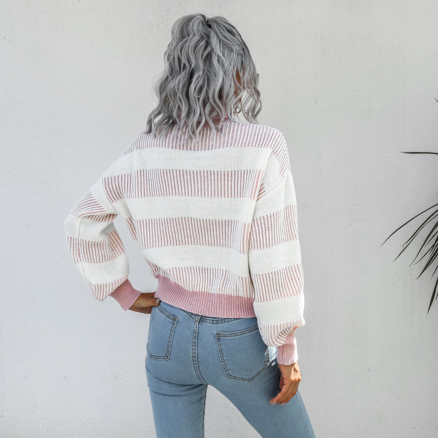 Striped Ribbed Trim Lantern Sleeve Turtleneck Sweater