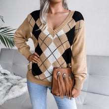 Load image into Gallery viewer, Argyle V-Neck Long Sleeve Sweater
