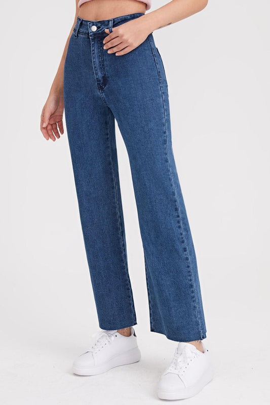 One-Button High Waist Bootcut Jeans with Pockets