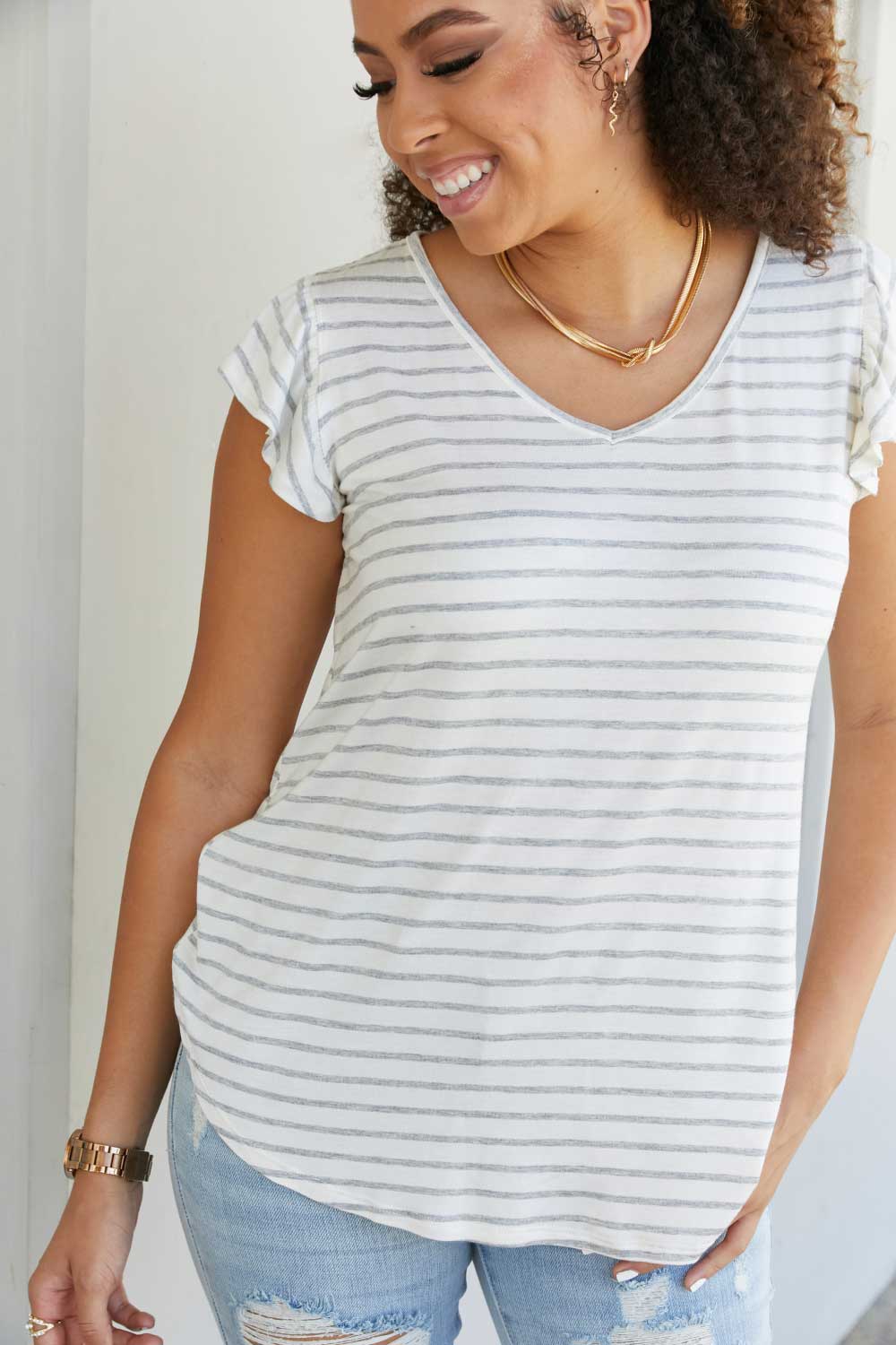 Sew In Love Illuminate the Way Full Size Striped Tee in Heather Grey