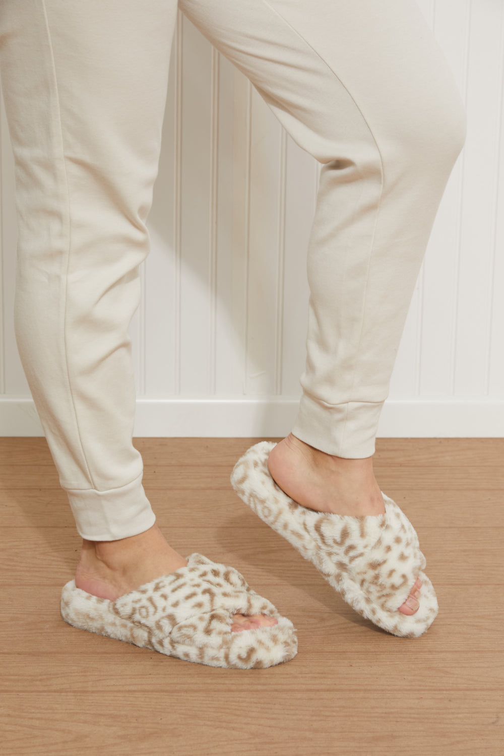 Qupid Lounging at Home Leopard Faux Fur Crisscross Slide Slippers