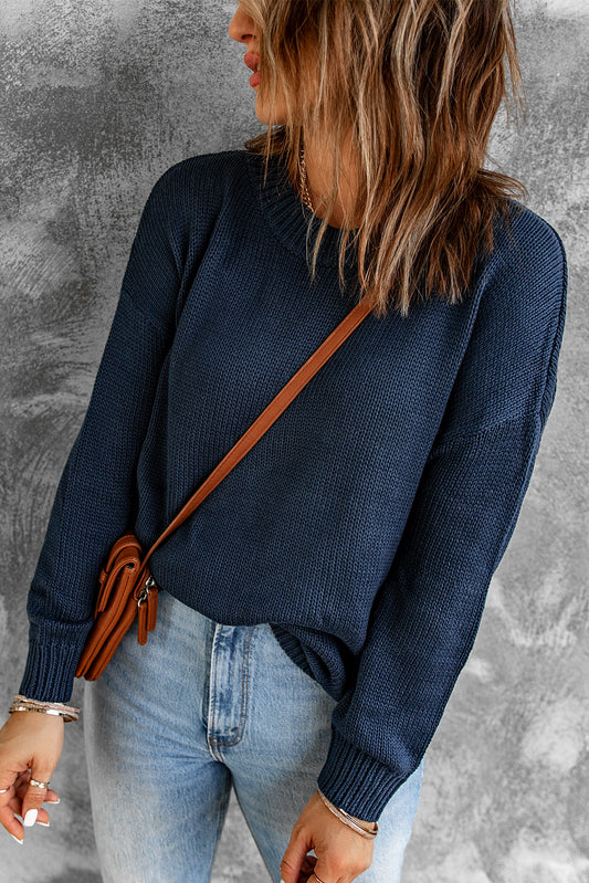 Dropped Shoulder Round Neck Ribbed Trim Sweater