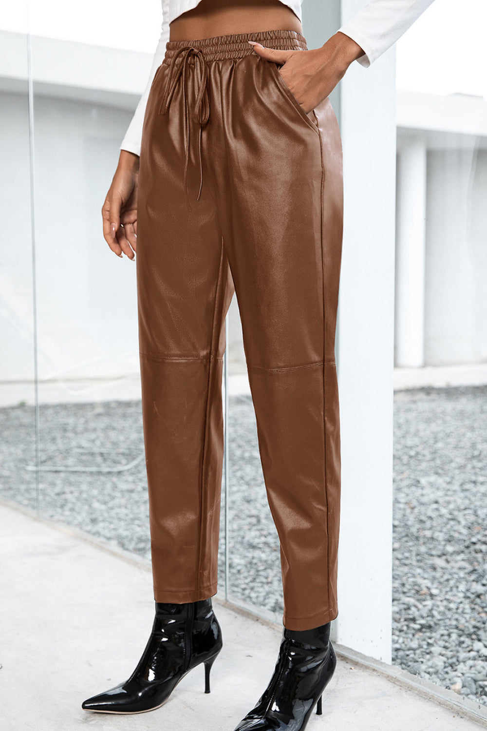 Seamed Elastic Waist PU Leather Pants