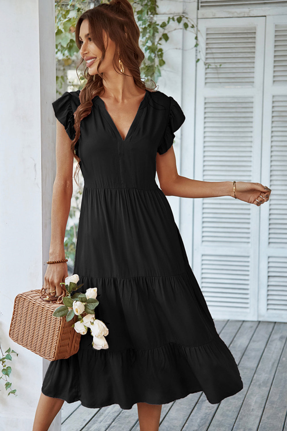 Flutter Sleeve Tiered Midi Dress