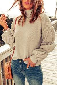 High Neck Bubble Sleeve Rib-Knit Sweater